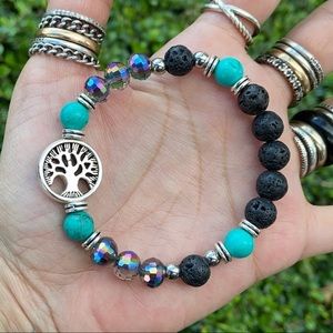 Tree bead bracelet . Turquoise lava rock austrian crystal tree of life charm